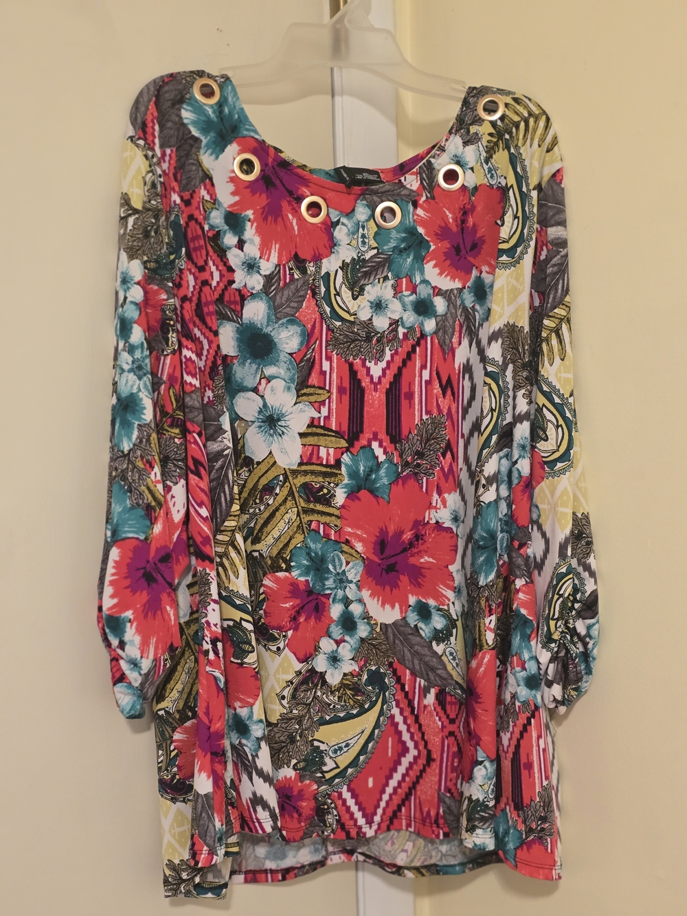 new directions Floral Grommet-Trim Tunic - Red, Teal, Yellow